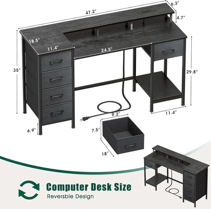 47 Inch Gaming Desk with Power Outlets and LED Lights, Reversible Computer Desk with 5 Fabric Storage Drawers, Home Office Desk with Monitor Stand for Working Writing Study, Black