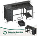 47 Inch Gaming Desk with Power Outlets and LED Lights, Reversible Computer Desk with 5 Fabric Storage Drawers, Home Office Desk with Monitor Stand for Working Writing Study, Black