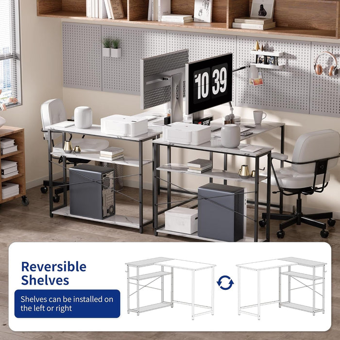 43 Inch L Shaped Computer Desk with Reversible Side Storage Shelves, Small Corner Desk for Small Space Home Office,Writing Study Table PC Desk for Bedroom,White Marble