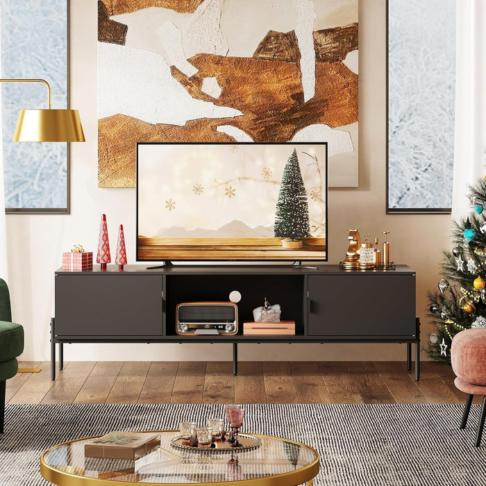 TV Stand for 65 Inch TV, Mid Century Modern Entainment Center with 2 Storage Cabinets & Open Shelf, TV Console Table Media with Metal Legs for Living Room, Bedroom, Black