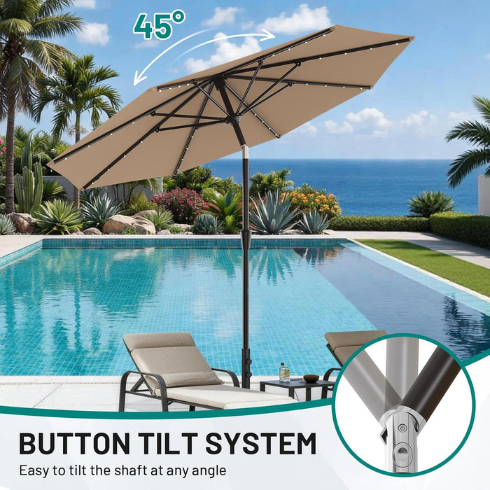 9FT Patio Umbrella with Solar Lights, 32 Lighted Pool Umbrella W/Tilt and Crank, Outdoor Market Solar Umbrellas for Garden, Deck, Backyard, Pool and Beach, Beige