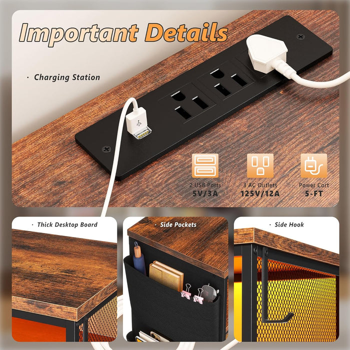 Dresser for Bedroom with 10 Fabric Drawers, Dresser with LED Lights & Power Outlets, 55" TV Stand Dresser with Side Pockets and Wood Open Shelves for Bedroom, Entryway, Rustic Brown