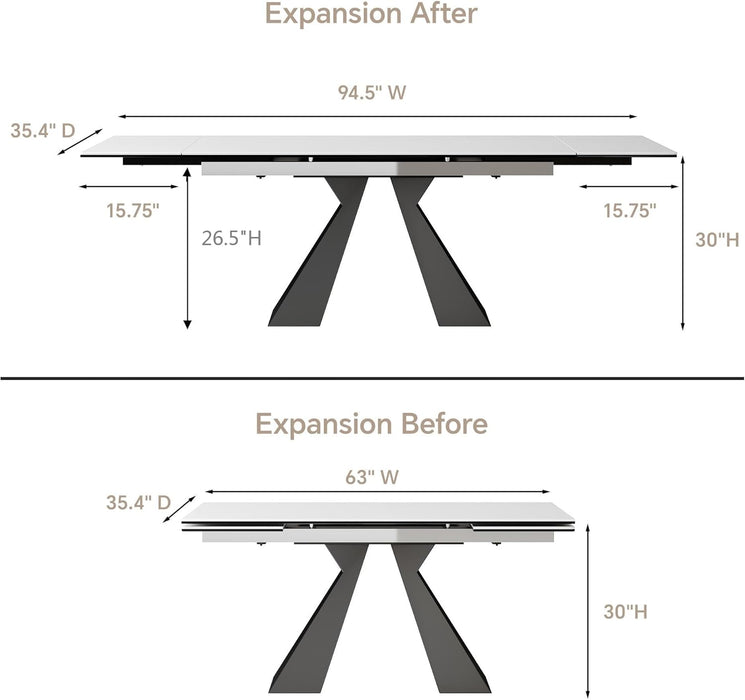 Extendable Dining Table for 8-12 Seat, Flexible Stretch, Tabletop Made from Rock Plate and Tempered Glass, Solid Carbon Steel Base, 35.4" D X 94.5" W X 30" H, White Top