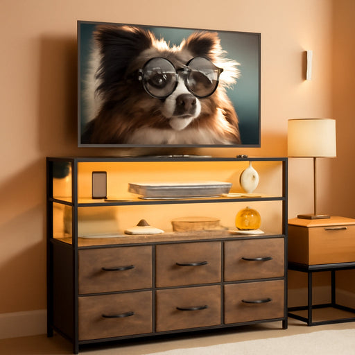 Led Dresser TV Stand for Bedroom, Entertainment Center with LED Lights and Power Outlet, 6 Drawer Dressers with Double Open Shelves, Rustic Brown TV Stands