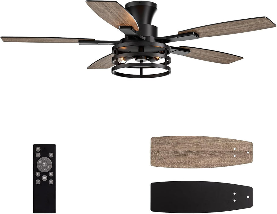 50 Inch Flush Mount Ceiling Fans with Lights and Remote Control, Low Profile Farmhouse Ceiling Fan for Bedroom Living Room and Patio, Black Caged Ceiling Fan for Indoor and Outdoor