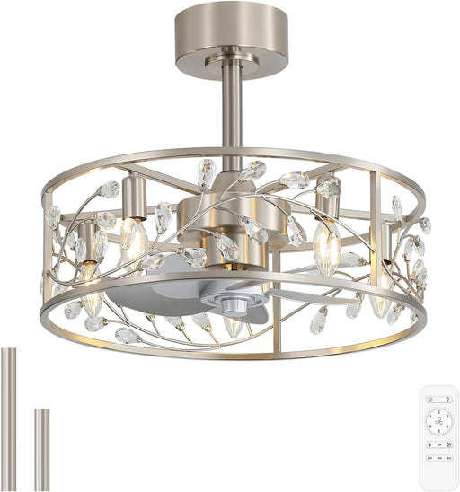 20 Inch Caged Ceiling Fan with Light and Remote, Quiet Reversible AC Motor, 5 ABS Blades, Modern Industrial Crystal Low Profile Small Ceiling Fan Light for Bedroom Home Indoor