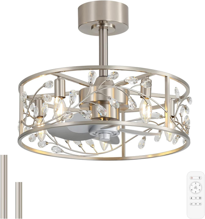 20 Inch Caged Ceiling Fan with Light and Remote, Quiet Reversible AC Motor, 5 ABS Blades, Modern Industrial Crystal Low Profile Small Ceiling Fan Light for Bedroom Home Indoor