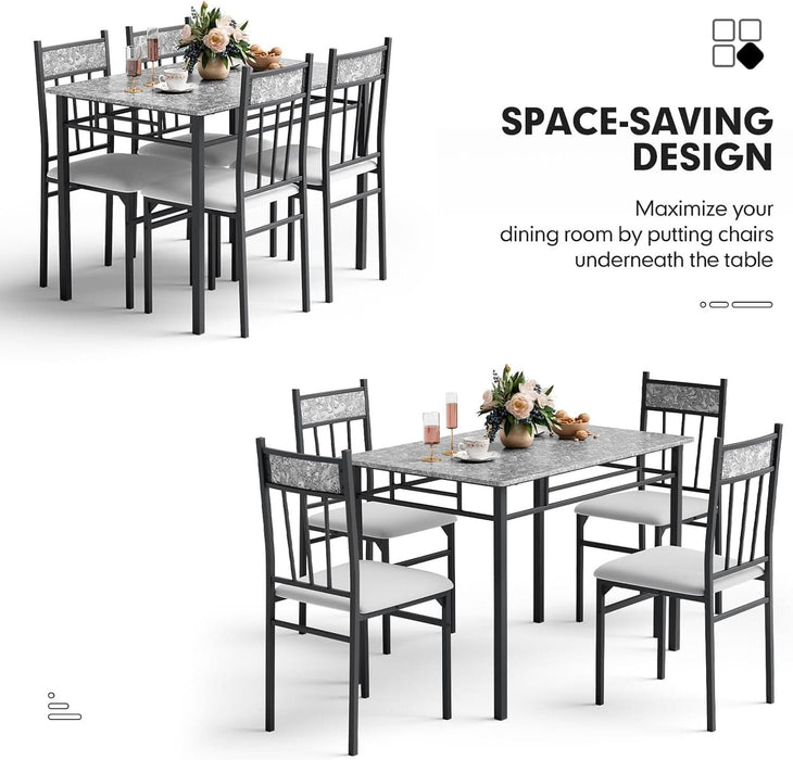 5 Piece Dining Table Set for 4, Faux Marble Kitchen Table and Chairs Set of 4, Vintage Rectangular Dining Room Table with Cushion Padded Seat, Metal and Wood Dining Set Kitchen Furniture, Grey