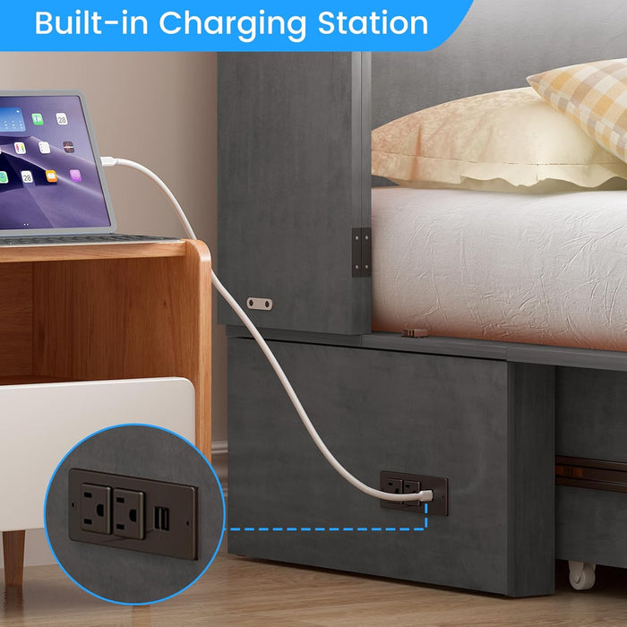 Queen Murphy Bed with Mattress Included - Solid Wood - Hideaway Chest Beds with 2 Storage Drawers, USB Charging Ports - Space Saving Murphy Cabinet Bed for Guest Room, Bedroom