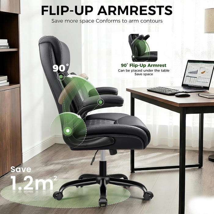 Office Chair, Ergonomic Executive Desk Chair with Lumbar Support for Lower Back Pain Relief, Padded Flip-Up Armrests, Leather Home Office Chair, Black