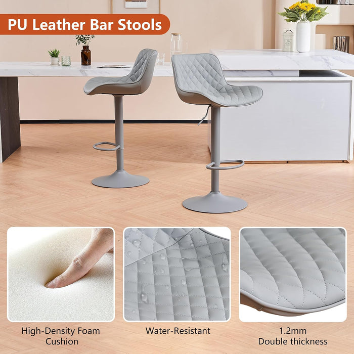 All Grey Bar Stools Set of 2, Upholstered Counter Height Bar Stool, Adjustable Swivel Faux Leather Barstools, with Padded Back, Metal Base, Kitchen Chairs for Home Island