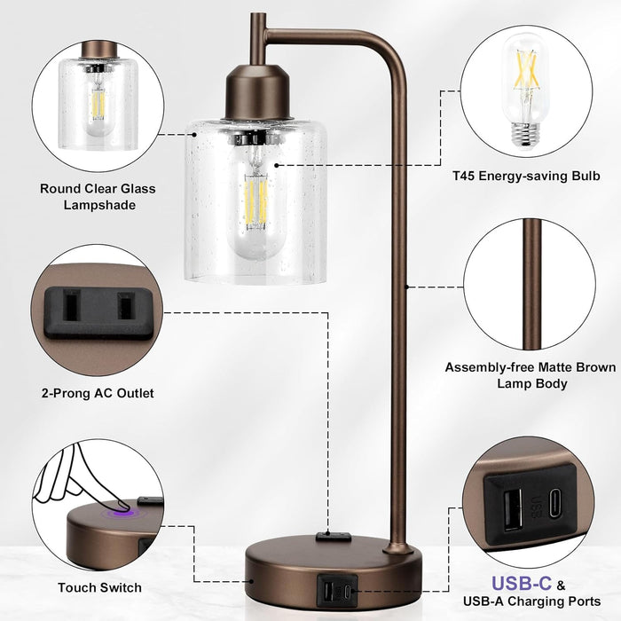 Industrial Touch Table Lamps for Bedrooms Set of 2 - 3-Way Dimmable Lamps with USB C+A Ports and Outlet, Brown Bedside Lamps with Seeded Clear Glass Shade for Living Room, Desk Lamps for Home Office