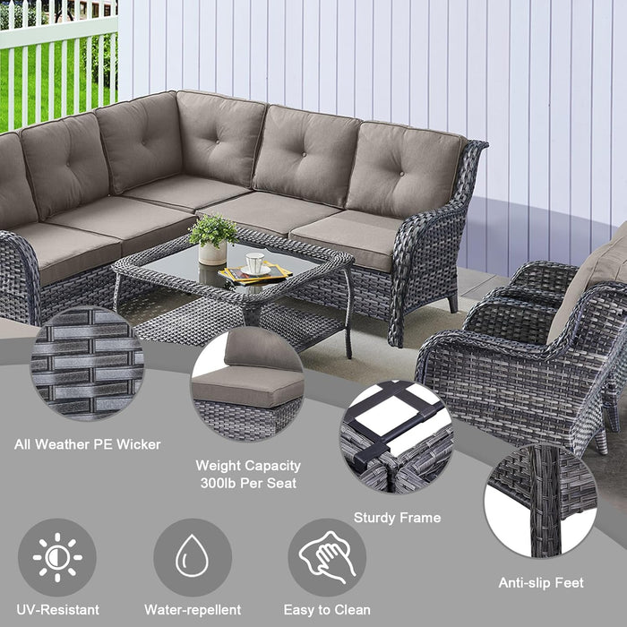 8 Piece Patio Furniture PE Wikcer Outdoor Furniture Set with Sectional Sofa Swivel Patio Chairs Ottomans and Glass Coffee Table for Yard,Garden,Lawn
