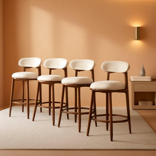 Counter Height Bar Stools Set of 3, Kitchen Bar Stools with Back, Mid Century Modern Upholstered Barstools with Wood Legs for Kitchen Island Dining Room, Beige