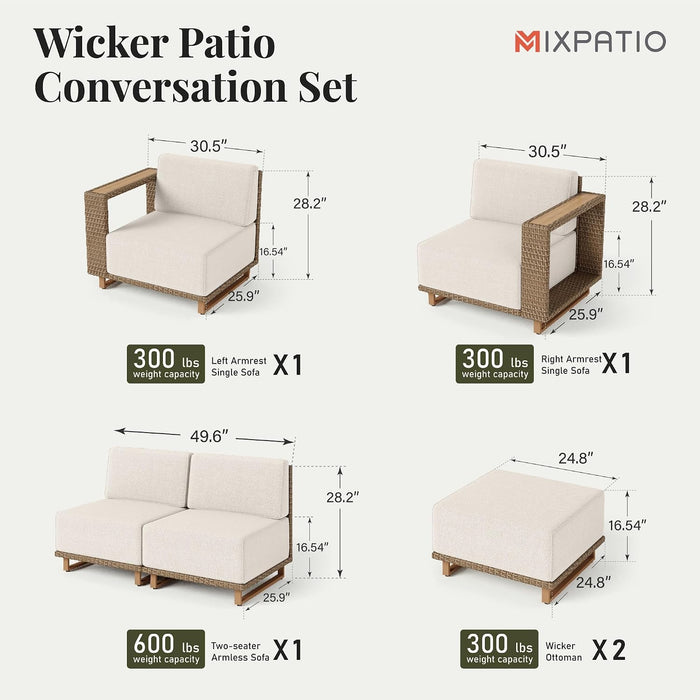 6 Pcs Patio Sectional Furniture with 10" Thick Cushion &Wide Arm
