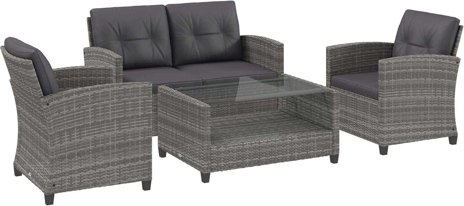 4 Pieces Patio Furniture Sets with Cushions, PE Rattan Wicker Conversation Chairs W/Two-Tier Coffee Table for Backyard Porch Garden Poolside and Deck, Charcoal