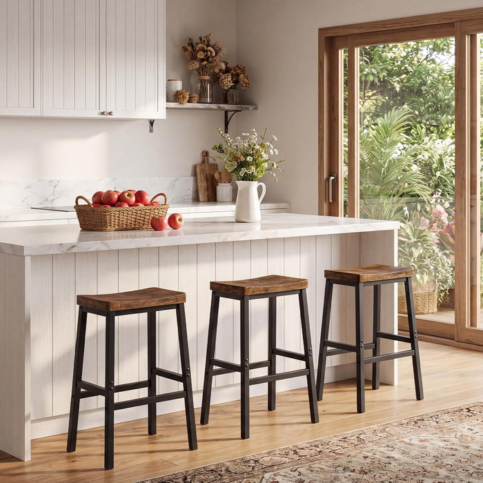 Bar Stools Set of 3, Counter Height Bar Stools, 23.6'' Bar Chairs, Saddle Stools with Footrests, Industrial Barstools for Dining Room, Kitchen, Bar, Rustic Brown and Black BF02MDP301