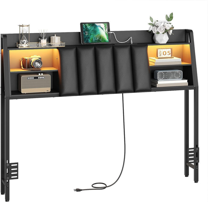 Upholstered Headboard Queen Size with Storage, Headboard with Charging Station and LED Light Strip, Padded Backrest and Open Storage Shelf, Metal Frame Adapter, for Queen Bed Frames, Black