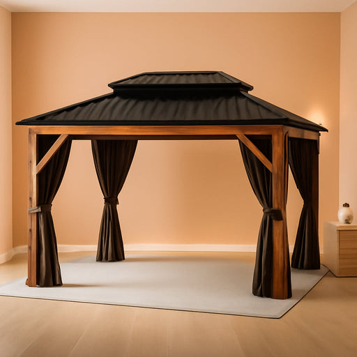 10X12Ft Hardtop Wood Gazebo, Cedar Frame Outdoor Pavilion with Double Galvanized Steel Roof, Curtains and Netting Included, Ceiling Hook for Patio Backyard Deck Lawn Garden, Khaki