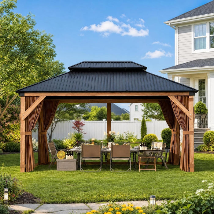 10X12Ft Hardtop Wood Gazebo, Cedar Frame Outdoor Pavilion with Double Galvanized Steel Roof, Curtains and Netting Included, Ceiling Hook for Patio Backyard Deck Lawn Garden, Khaki