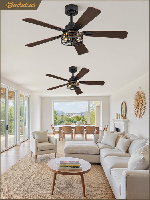 2 Pack 42 Inch Rustic Caged Ceiling Fan with Lights, Black Farmhouse Ceiling Fans for Bedroom Living Room, Double-Sided 5 Blades Rustic Ceiling Fan