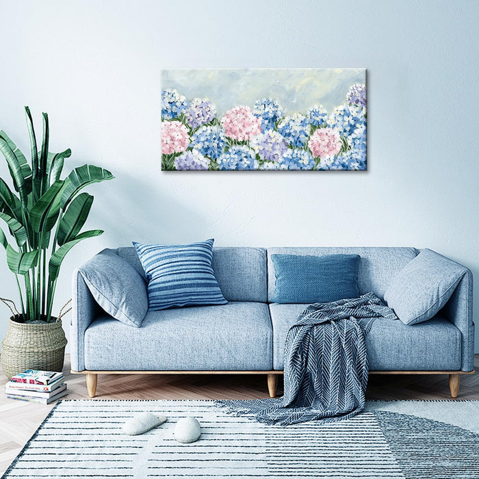 Blue Pink Hydrangea Canvas Wall Art - Large Giclee Floral Canvas Prints, Abstract Flower Wall Decor, Farmhouse Coastal Botanical Wall Art for Living Room Bedroom Bathroom Kitchen Office, Ready to Hang (Hydrangea, 20X40Inch)