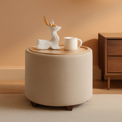 Lawrence round Storage Ottoman with Lift off Lid and Tray Lid Coffee Table, Ottoman with Storage for Living Room, Bedroom and Office, Linen Beige