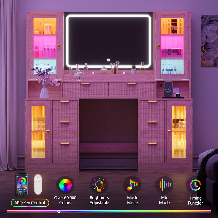 55 Inch Makeup Vanity Desk With LED Lights RGB Glass Cabinets