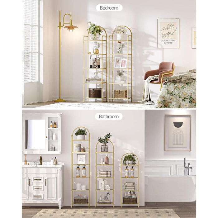 Bookcase Bookshelf, Tempered Glass Bookshelves, Slim Shelving Unit for Bedroom, Bathroom, Home Office, Steel Frame, 6 Tier Gold BC10601G