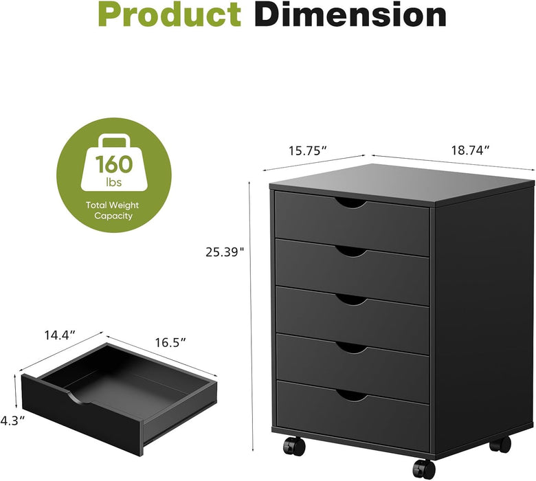 Five Drawer Chest On Wheels Black PremiumQualityHardwood