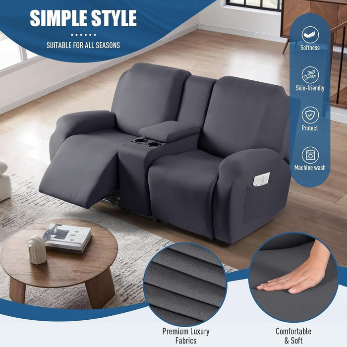 Reclining Loveseat with Middle Console Slipcover, 4 Piece Polyester Fabric Stretch Loveseat Reclining Sofa Covers (Dark Gray, 2 Seat Recliner Cover with Console)