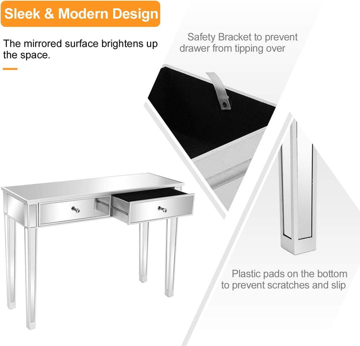 42" Silver Mirrored Vanity Desk, Makeup Table with 2 Drawers, Mirrored Console Table, Mirror Desk with Drawers, Mirror Console Tables for Women Girls Entryway Home Office Writing Desk
