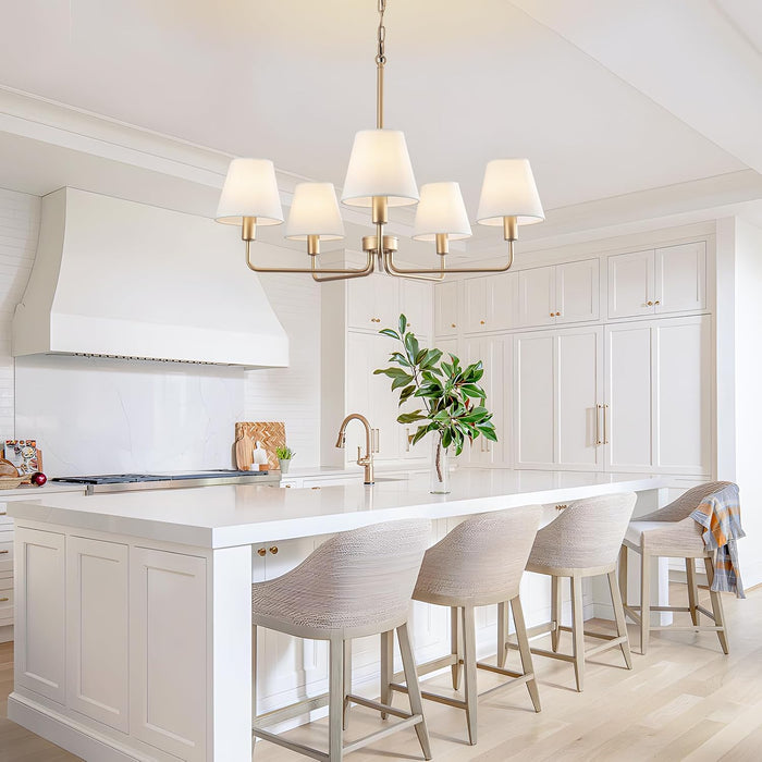 5-Light Brass Gold Dining Room Light Fixture with White Fabric Shade, 29.52In Farmhouse Chandelier Modern Antique Linear Pendant Island Light Fixture for Bedroom Foyer Cottage Kitchen over Table