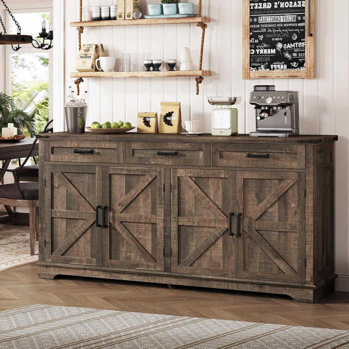Buffet Cabinet, 61” Large Sideboard Buffet Storage Cabinet with 3 Drawers, Farmhouse Coffee Bar with 4 Doors, Buffet Table for Kitchen, Living Room, Antique Oak