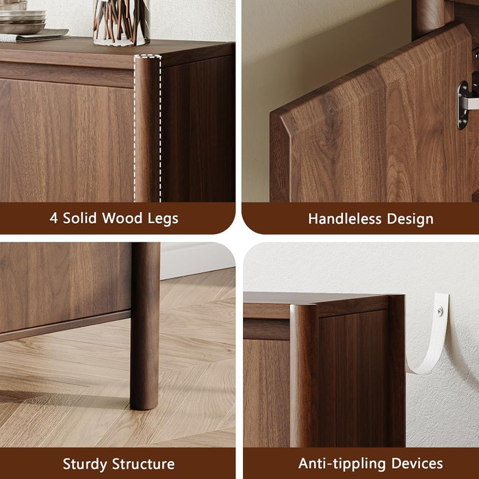 59 Inch Walnut Buffet Cabinet, Mid Century Wood Sideboard Storage | 4 Doors and Adjustable Shelves, Solid Wood round Legs. Ideal for Kitchen, Living Room, Coffee Bar, Dining Room.