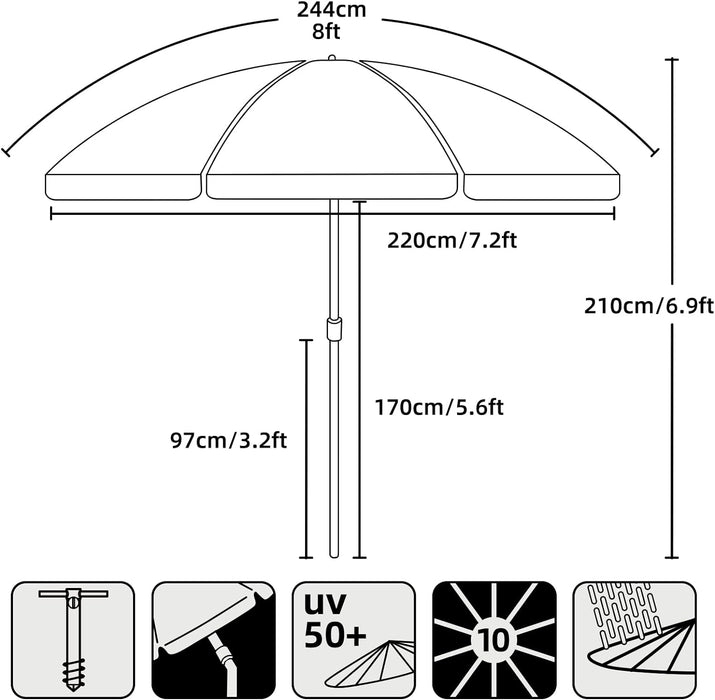 8 Feet Large Beach Umbrella with Sand Anchor Heavy Duty High Wind Portable Outdoor Umbrellas UV 50+ Protection Air Vent Tilt Patio Garden Pool