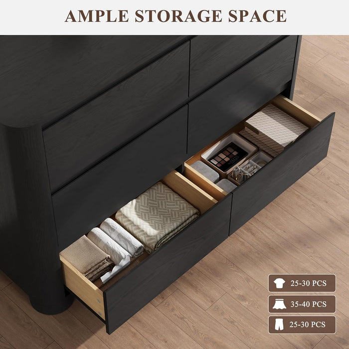 Black Dresser for Bedroom with 6 Drawers, 47" W Modern Chest of Drawers with Unique Thickened Foot, Rounded Corner Design, Wooden Dresser Organizer for Bedroom, Living Room, Hallway