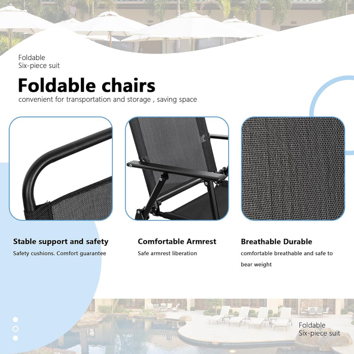 6 Piece Patio Dining Set with Umbrella, Outdoor Furniture Set with 4 Folding Chairs and Tempered Glass Top Dining Table Fot Lawn Backyard Garden Porch Black