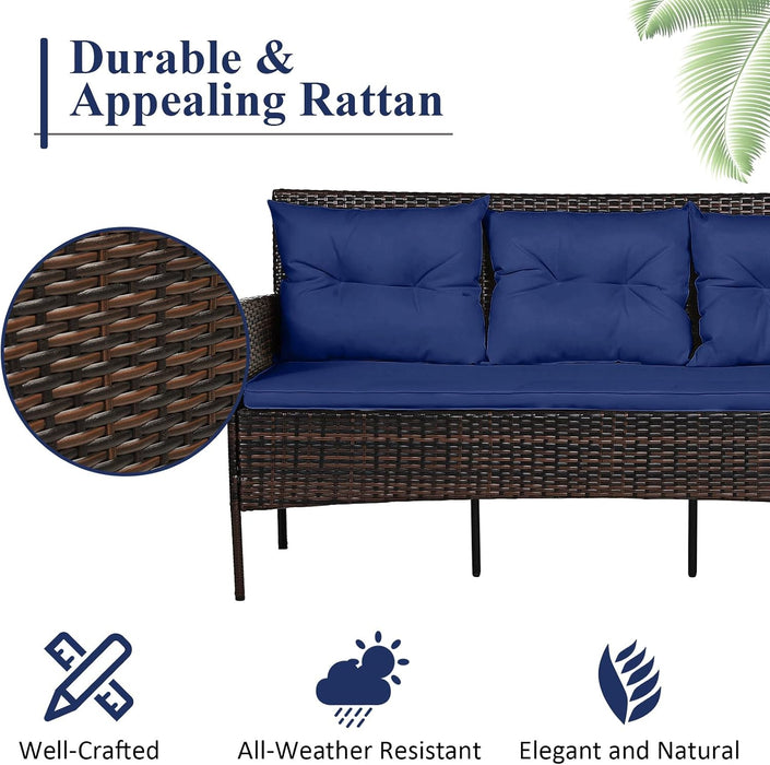 3 Pieces Patio Conversation Set, All Weather Outdoor PE Rattan Wicker Furniture Set with Padded Cushions, Tempered Glass Coffee Table, for Poolside, Backyard, Garden (Navy)