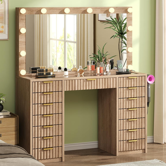 15 Drawers Fluted Vanity Desk with Glass Top, 47" Makeup Vanity with Large Mirror and 12 LED Lights, Dressing Table with Power Outlet for Bedroom, Natural