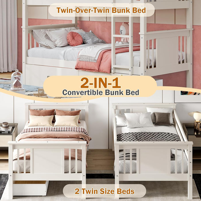 Premium Solid Hardwood Twin Bunk Bed IntegratedDrawers