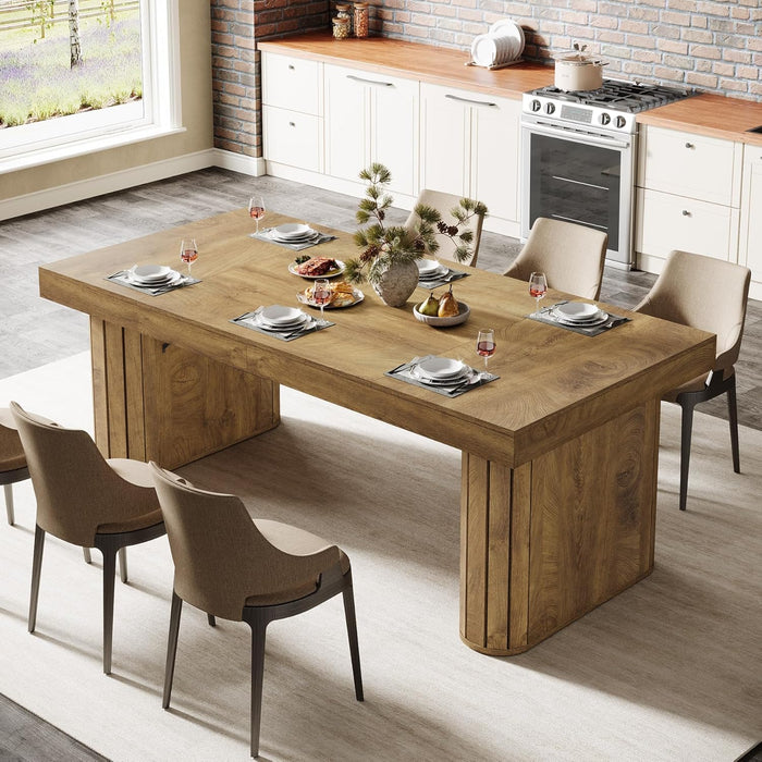 70.9" Large Dining Table for 6-8 People, Farmhouse Kitchen Table with Wooden Tabletop, Rustic Rectangular Dinner Furniture with Robust Double Pedestal for Dining Room, Kitchen, Brown