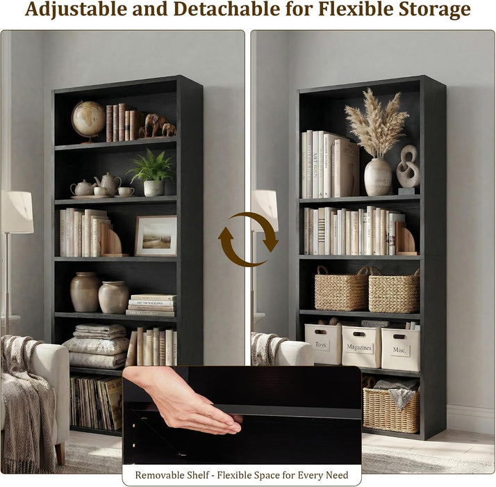 Black Tall Bookshelf with Adjustable Shelf, 6 Tier Display Storage Shelves | 63 Inch Tall, Floor Standing Wood Shelves with Anti-Toppling Kits, Modern Open Bookshelf for Bedroom, Home Office