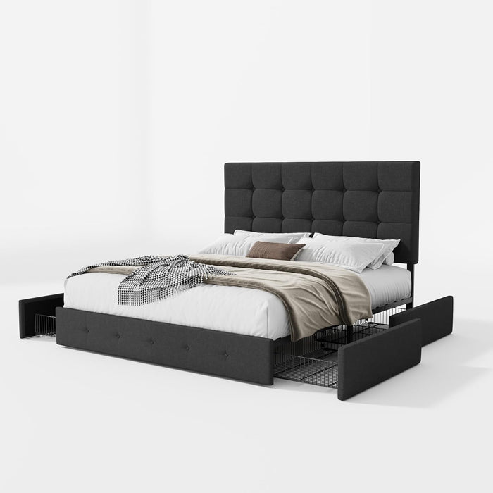 Upholstered Queen Size Platform Bed Frame with 4 Storage Drawers, Adjustable Headboard with Square Stitched Button Tufted Design, Wooden Slat Support, No Box Spring Needed, Dark Grey