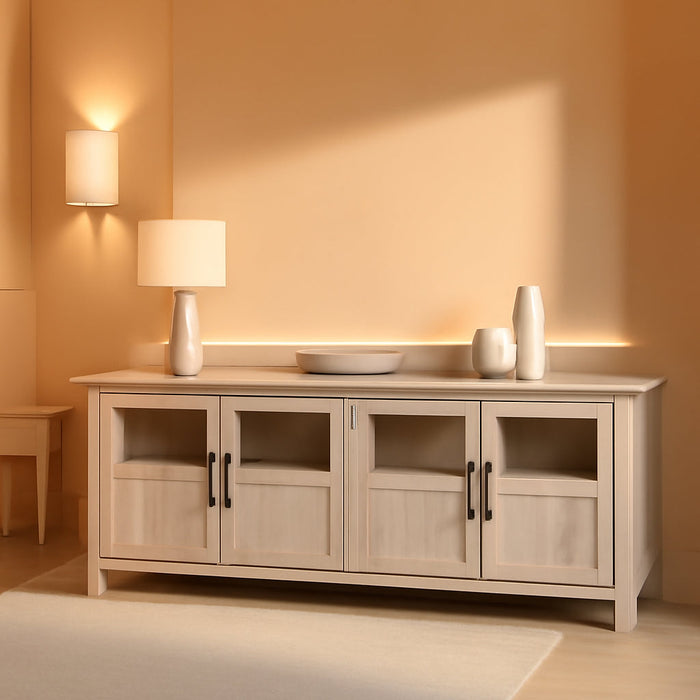 Farmhouse Glass and Wood TV Stand for Tv'S up to 80" Universal TV Stand for Flat Screen Living Room Storage Cabinets and Shelves Entertainment Center, 70 Inch, White Oak