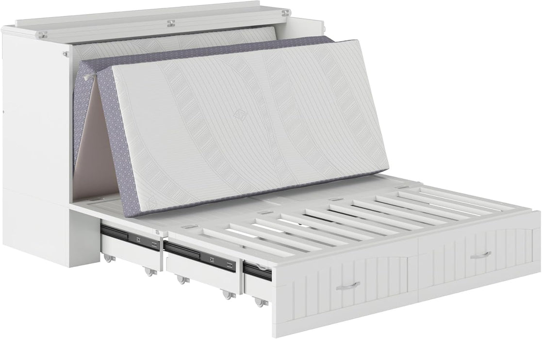 , Southampton Murphy Bed Chest Queen with 6" Mattress, Storage Drawer & Built-In USB Charger, White