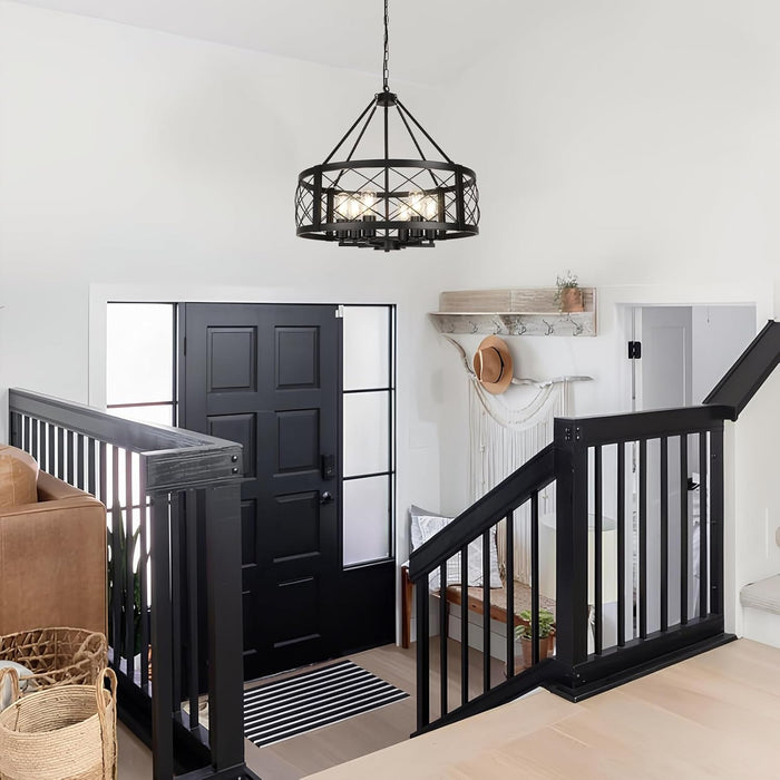 6-Light Black Rustic Drum Chandelier, 22.5” Modern Chandelier for Dining Room, round Metal Hanging Light Fixture for Foyer, Entryway, Bedroom, Kitchen Island