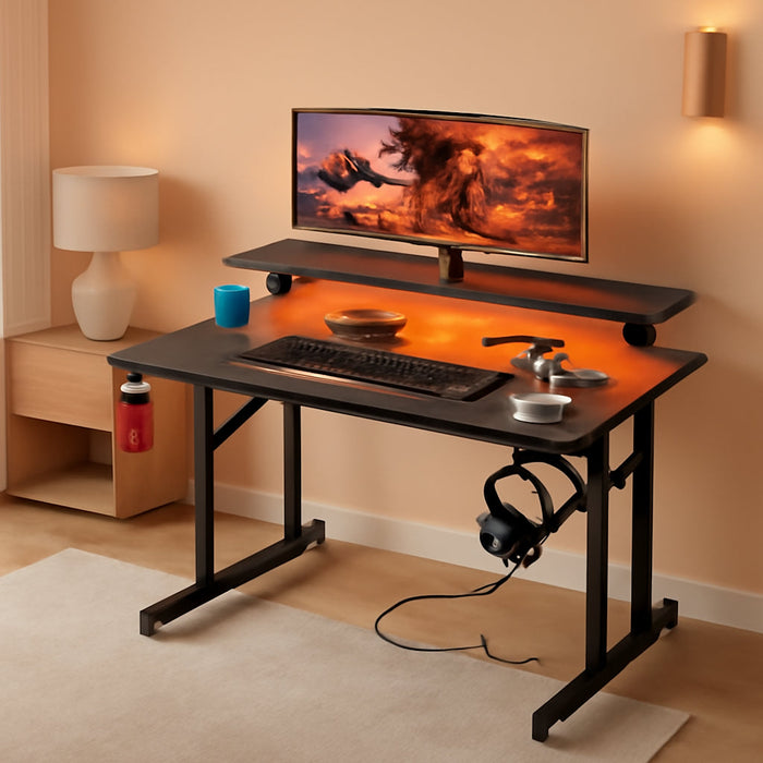 31 Inch Small Gaming Desk with LED Lights & Power Outlets, Computer Desk Gaming Table with Monitor Shelf, Gamer Desk with Carbon Fiber Texture, Kids Boys Desk Gift for Men