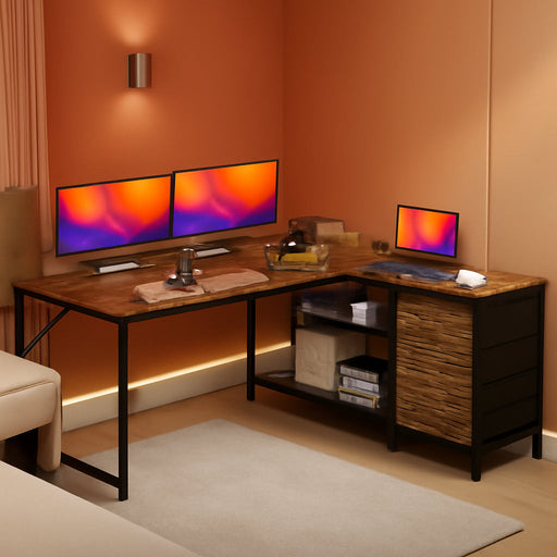 61" L Shaped Desk with Power Outlets and USB-C Port, Reversible Computer Corner Office Desk with 4 Fabric Drawers and 2 Height-Adjustable Shelves, Large for Gaming Writing Study, Rustic Brown