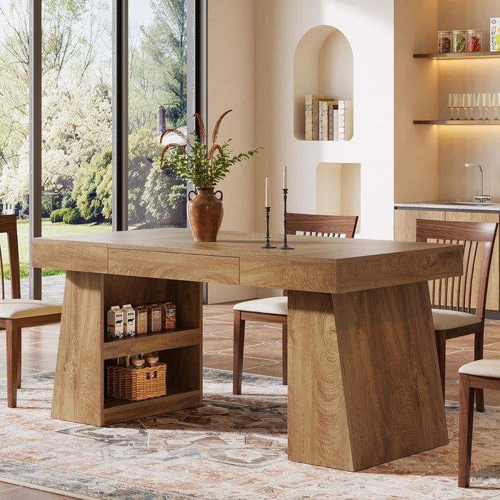 Dining Table for 4-6 People, 55-Inch Wooden Kitchen Table for Dinner with Storage Drawer and Shelves, Farmhouse Rectangle Furniture for Dining Room, Kitchen, Home, Brown